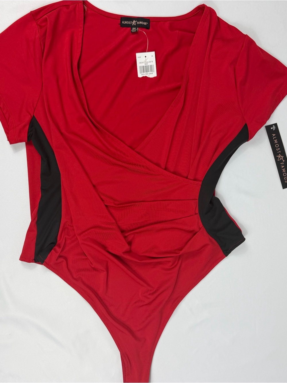 Almost Famous Bodysuit 2X Red Black Colorblock Wrap Ruched NWT